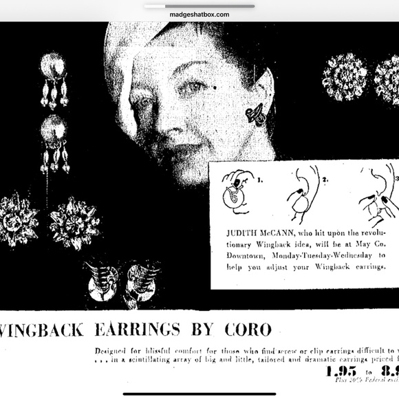 VINTAGE 1940s Judith McCann “Wingback” Clip Rhinestone & Silver Tone Earrings - Picture 8 of 8